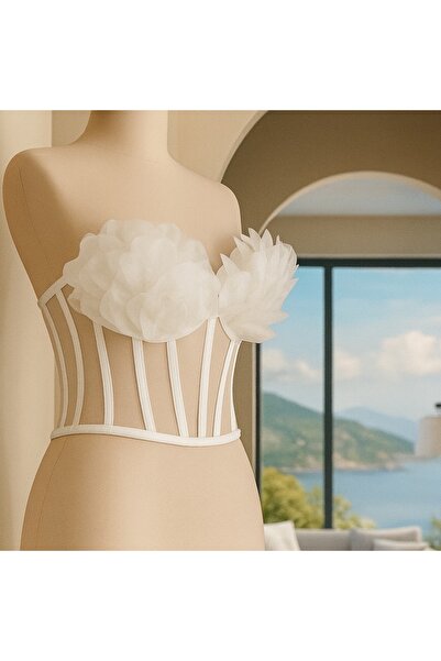 MODA Ecru Leaf Detailed Corset-Bustier with Laces