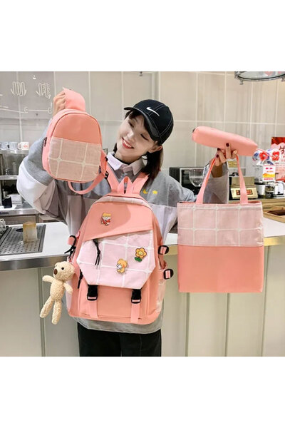 Muchmy Pink Canvas Backpack Set Outdoor Travel Laptop School Essentials 4Piece Set