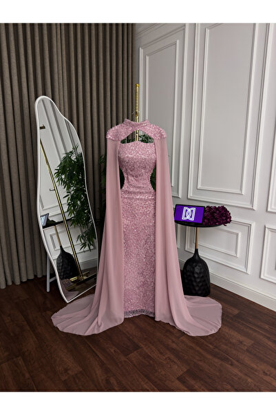 Generic Luxurious pink beaded evening gown with a flowing chiffon shawl - flared design for special occasions