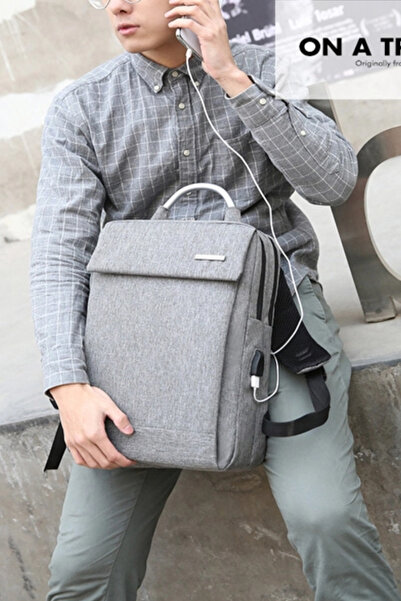 Muchmy Gray Travel Backpack USB Port Unisex Laptop Bag Zipper Closure Casual Bag