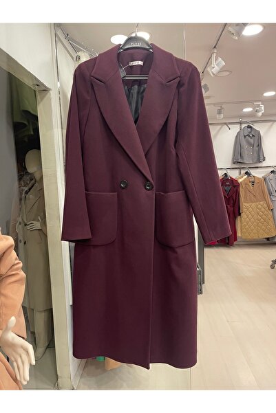 Pitti Women's Plum Cashmere Black Buttoned Black Lined Coat 70581