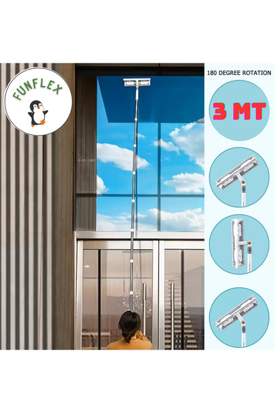 FunFlex 3 Metre Teleskopik Cam Silme Aparatı Paspas ve MOP Eklemeli Sap