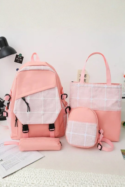 Muchmy Pink Canvas Backpack Set Outdoor Travel Laptop School Essentials 4Piece Set
