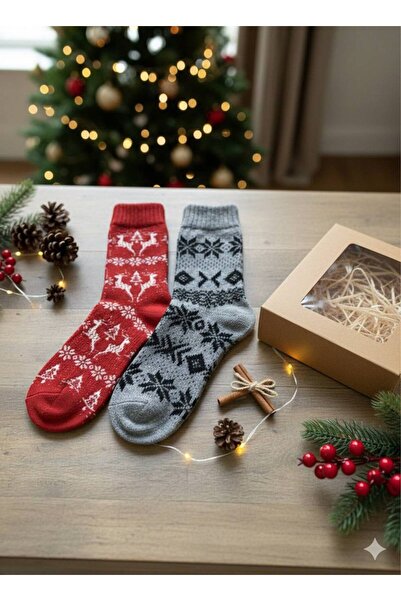 İNSPİRA Snowflake and Deer Patterned Cotton Thick New Year Themed Socks