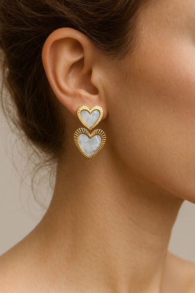 ŞEPİTİ Altın Kaplama Sedefli İkili Kalp Küpe/Şepiti Gold Double Heart