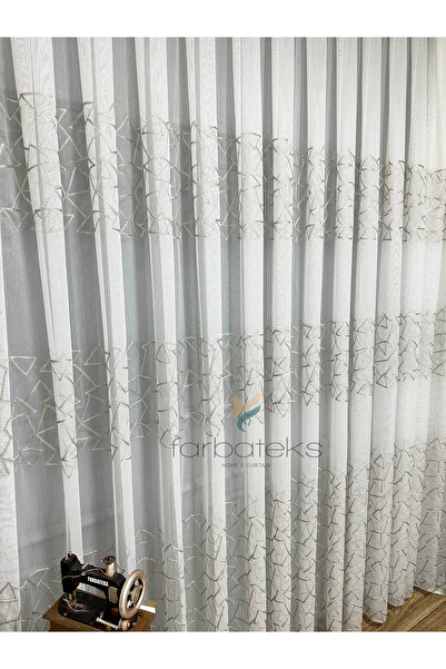farbateks Gray Silver Geo Line Pattern Design 2 Layer Pleated Tulle Curtain