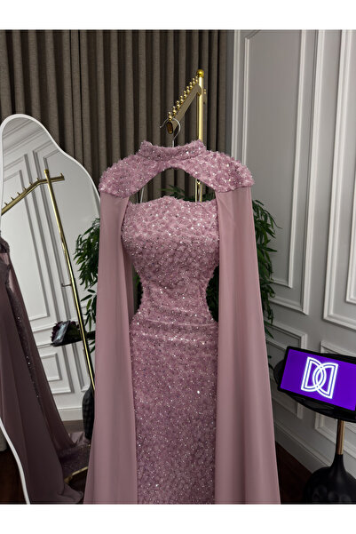 Generic Luxurious pink beaded evening gown with a flowing chiffon shawl - flared design for special occasions