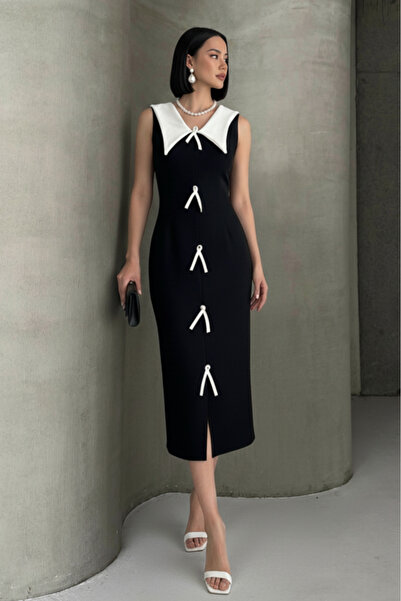 ALFUDO Moda Collection فستان سهرة ميدي أسود أبيض بدون أكمام بأزرار على الجهتي...