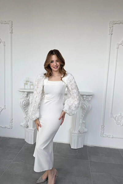 HELİS BUTİK White Dress with Pearl Neckline and Rose Applique Sleeve Detail