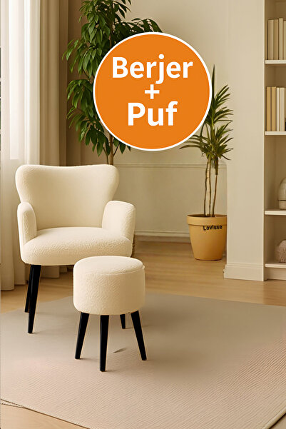 LOVİSSE HOME Pofuduk Teddy Berjer Ceviz Ayak Berjer Tekli Koltuk Ev, Ofis– Bekleme koltuğu