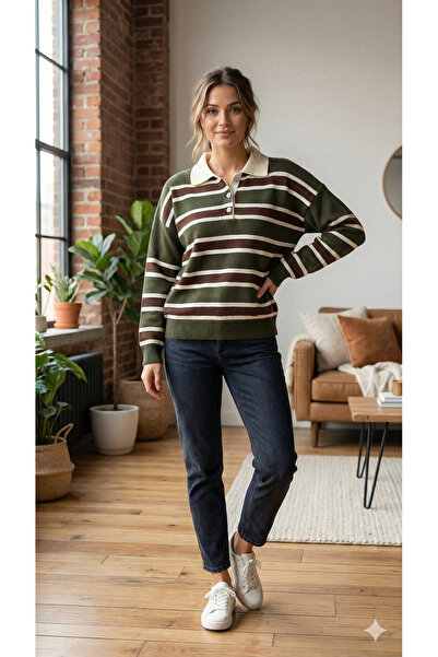 meday Clothing Women's Striped Polo Neck Knit Sweatshirt - Green