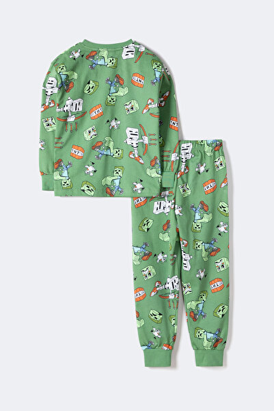 Krazber Boys' Block Monsters Patterned Long Sleeve Pajama Set – Green (3–12 Years)