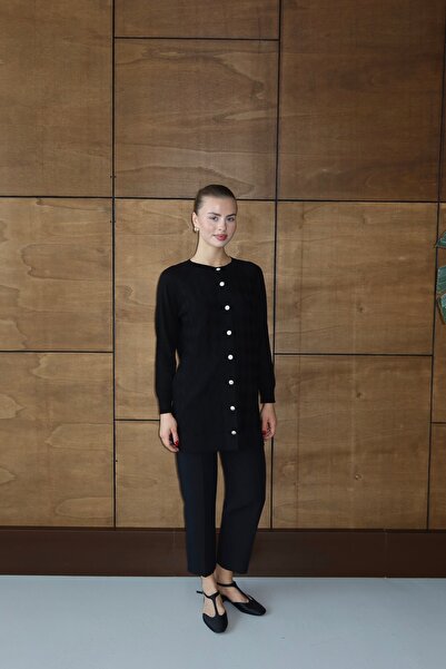 ilmek 25023 Women's Premium Knitwear Baklava Patterned Cardigan Black