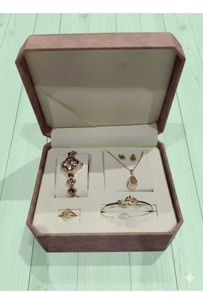 RAM طقم ساعة نسائي مع سوارة وسلسال وحلق وخاتم