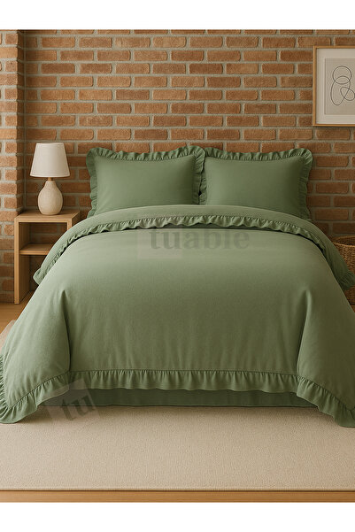 Tuable Ruffled Cotton Duvet Cover Set Double Size Green 200X220Cm