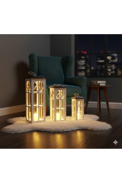 DZGN HOME Dekoratif 3’lü Mumluk Seti, Dekoratif Ahşap Üçlü Fener, Hediyelik Dekorasyon Seti, Şamdan - Beyaz