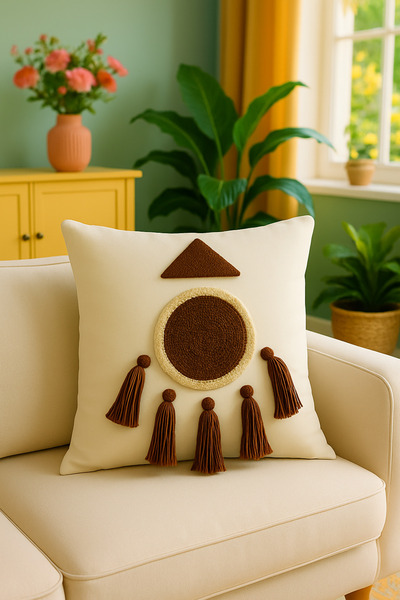 SAYMİNE Brown Punch Throw Pillow Cover with Tassels
