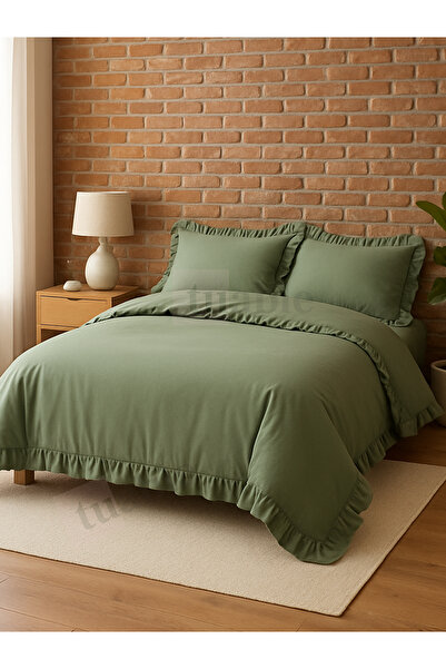 Tuable Ruffled Cotton Duvet Cover Set Double Size Green 200X220Cm