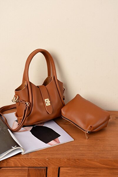 MY VİNTAGE Elegant Faux Leather Women's Hand And Shoulder Bag with Iron Buckle Belt Double Strap Makeup Bag