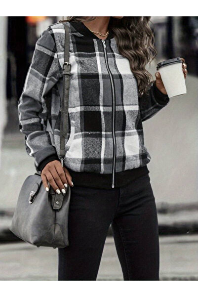 buğrahayalin Women's Long Sleeve Front Zipper Plaid Patterned Jacket