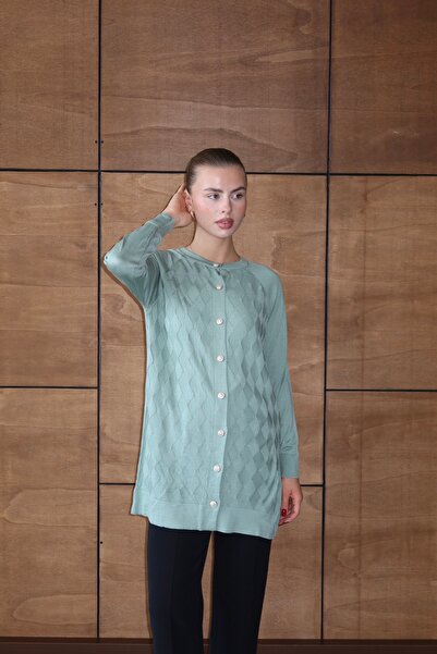 ilmek 25023 Women's Premium Knitwear Baklava Patterned Cardigan Green