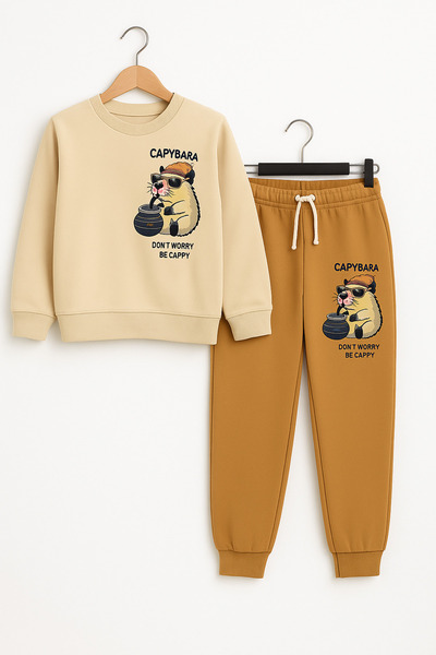 Beka Kids Girl's Capybara Front and Back Printed Brown Sweatshirt Pants Top and Bottom Set