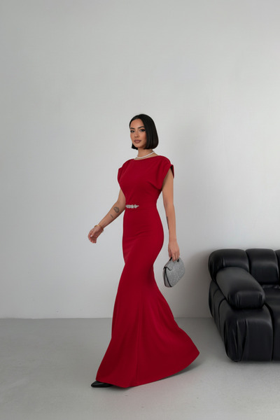 ALFUDO Moda Collection Short sleeve flounced long graduation evening dress with stone detail and belt