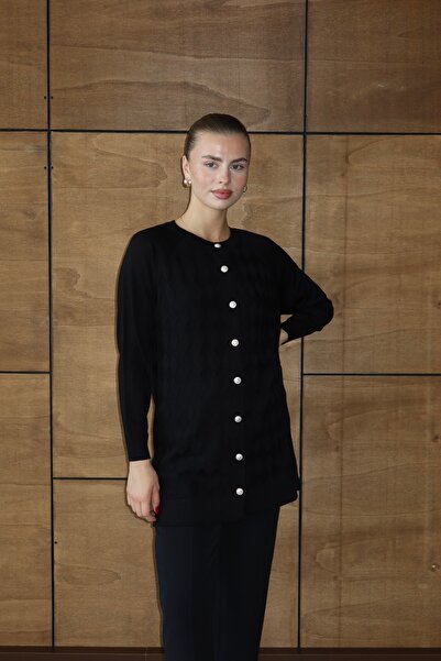 ilmek 25023 Women's Premium Knitwear Baklava Patterned Cardigan Black