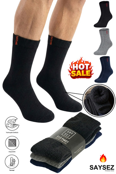 SAYSEZ 3 Pairs Thermal Men's Winter Socket Towel Thick Socks Stitch-Free Black-Navy Blue-Grey Color Premium Cotton