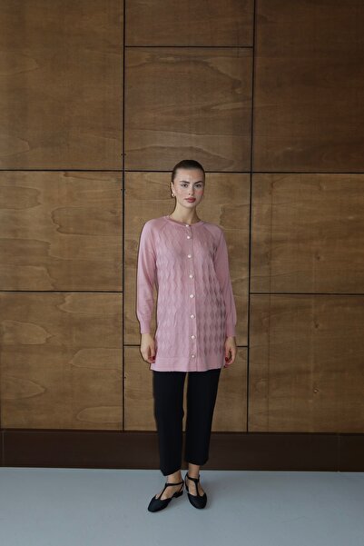 ilmek 25023 Women's Premium Knitwear Baklava Patterned Cardigan Pink