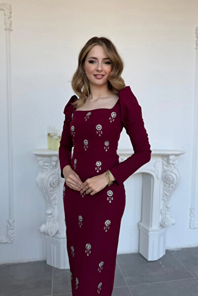 HELİS BUTİK Rochie etnică brodata cu piatră K decolteu pătrat cu mânecă lungă bordeaux