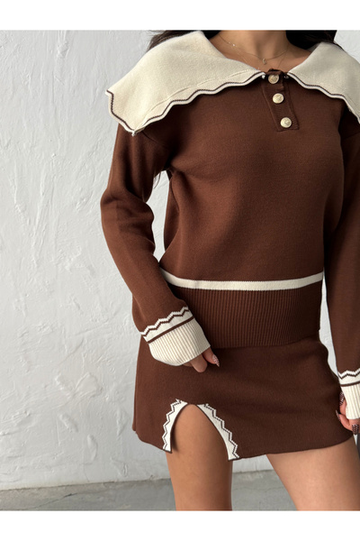 Lusin Women's Brown Collar and Slit Detail Blouse Mini Skirt Bottom Top Two-Piece Knitwear Set