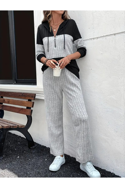 buğrahayalin Women's long sleeve hooded front zipper raised ribbed camisole blouse and pants