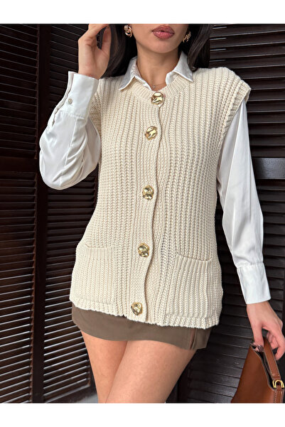 URİS سترة نسائية كريمية سميكة محبوكة ذهبية اللون بدون أكمام