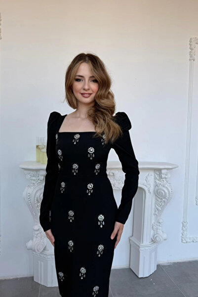 HELİS BUTİK Ethnic Stone Embroidered Square Neck Long Sleeve Black Dress