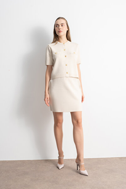 Shophia Gold Buttoned Knitwear Skirt Blouse Set