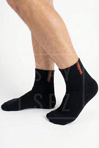 SAYSEZ 3 чифта термо мъжки зимни чорапи, до средата на прасеца, дебели, безшевни, черно-тъмно синьо-сиво, памук