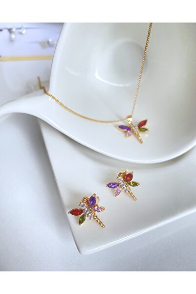 GOX Xuping Rose Gold Colorful Stone Dragonfly Necklace-Earring Set