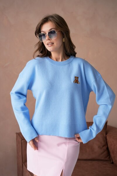 Noi Belis Oversize Ayıcıklı Basic Bisiklet Yaka Yumuşak Dokulu Triko Kazak AW...