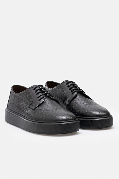 ADAMAR ADAM Ayakkabı Siyah Örgü Desenli Hakiki Deri El Yapımı Kalın Taban Cas...