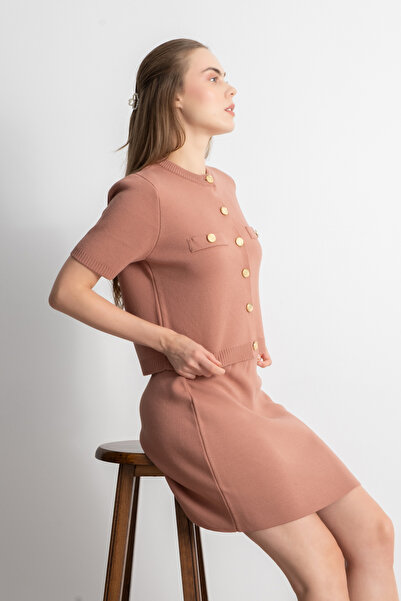 Shophia Gold Buttoned Knitwear Skirt Blouse Set