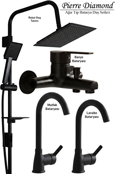 tesitay Mat Siyah Lavabo Banyo Mutfak Bataryası Robot Duş Seti Delta Serisi B...