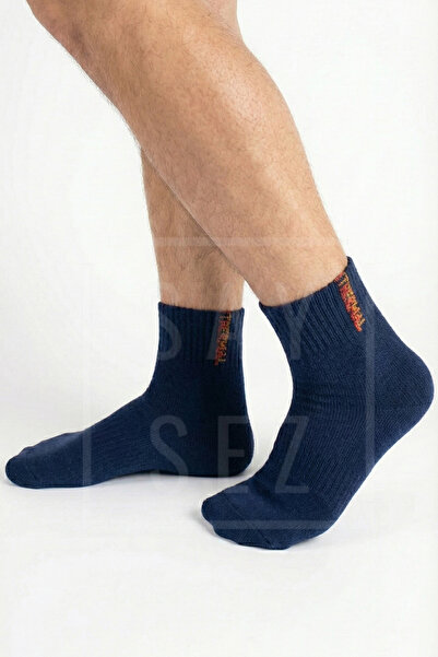 SAYSEZ 3 Pairs Thermal Men's Winter Booties Half Socks Towel Thick Socks Stitch-Free Navy Blue Color Premium Cotton