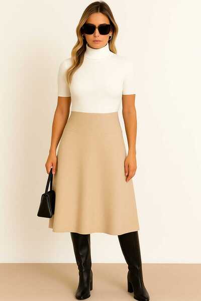 ZUM Camel Kadın Diz Altı Selanik Kloş Etek Yüksek Bel Beli Lastikli Günlük Salaş Rahat Model