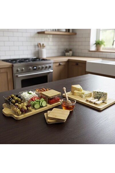 Buğra Home 6'Lı Ahşap Standlı Kapaklı mika Kahvaltılık - Peynir sunum seti-Mu...