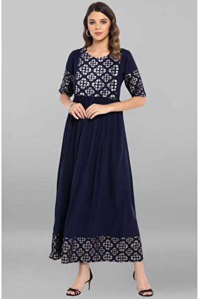 IndHeritage Premium poly crepe dark blue colour women's dress with silver col...