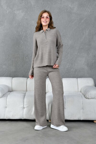 Noi Belis Basic Wick Knit Detailed Half Zipper Knitwear Bottom-Top Set Aw25Au0045