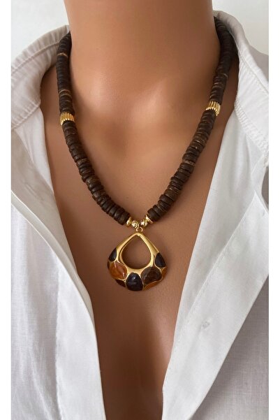 TARZ-I TAKI AHŞAP Dut Ağacı Kahverengi BOHEM Boncuk Kararmaz Çelik Özel Tasarım Uç Kadın Kolye Özel Gün Hediye