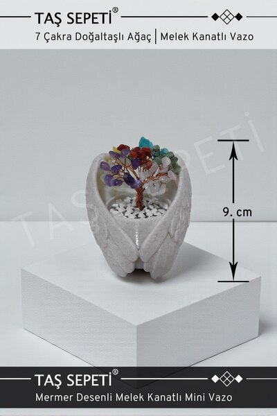 TAŞ SEPETİ 7 Çakra Doğal Taş Mermer Desenli Melek Kanatlı Mini Vazo | El Yapımı | 9 cm