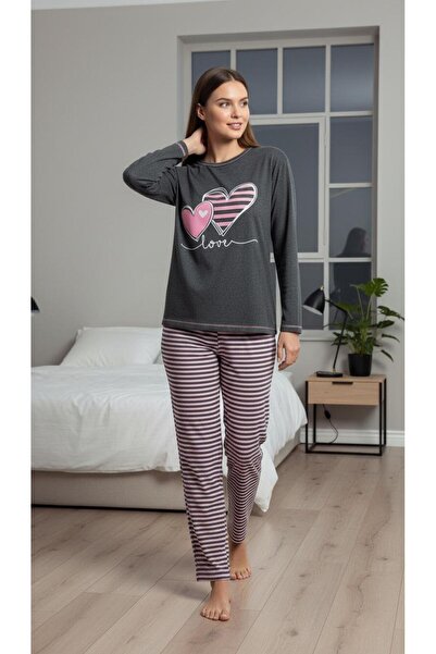 TrendModessa Дамски памучен пижамен комплект с сърцевиден мотив